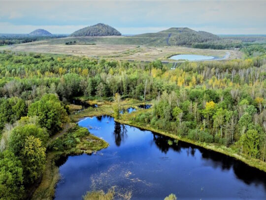 meer omringd door bos en heuvels op de achtergrond